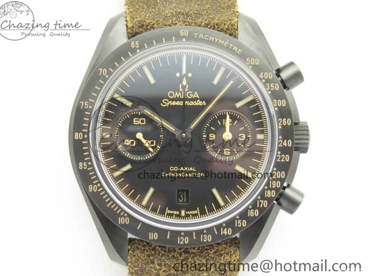 0118 SmoothTexture Speedmaster “Dark Side of The Moon” Real Ceramic OMF 1:1 Best Edition Vintage Black on Brown Leather Strap A 7975